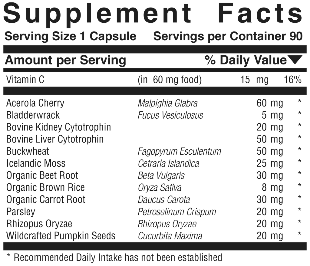 Supplement facts panel for Arginase Bladder