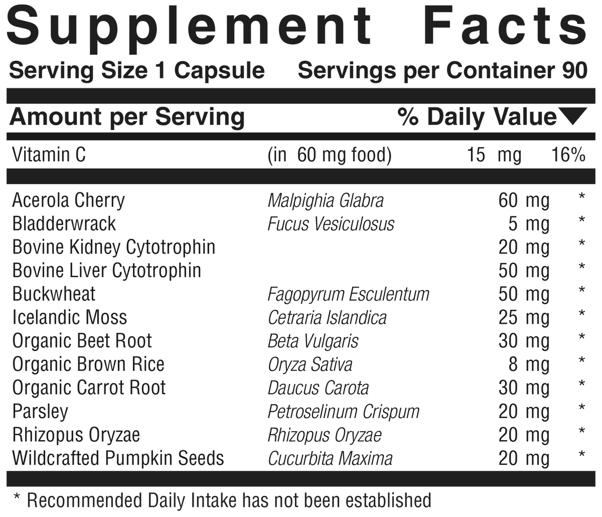 Supplement facts panel for Arginase Bladder