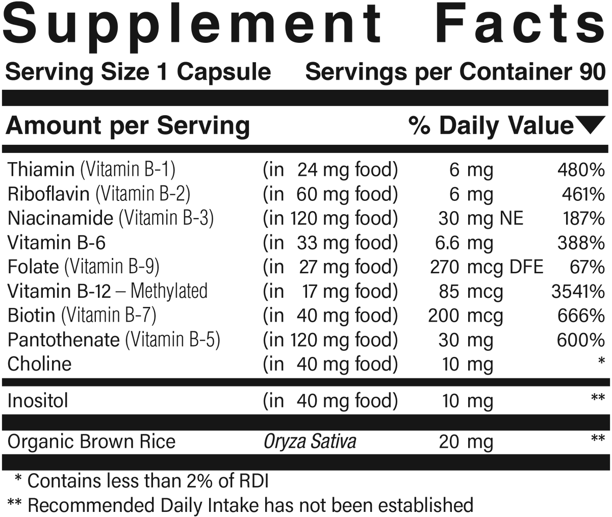 Supplement facts panel for B Stress Complex