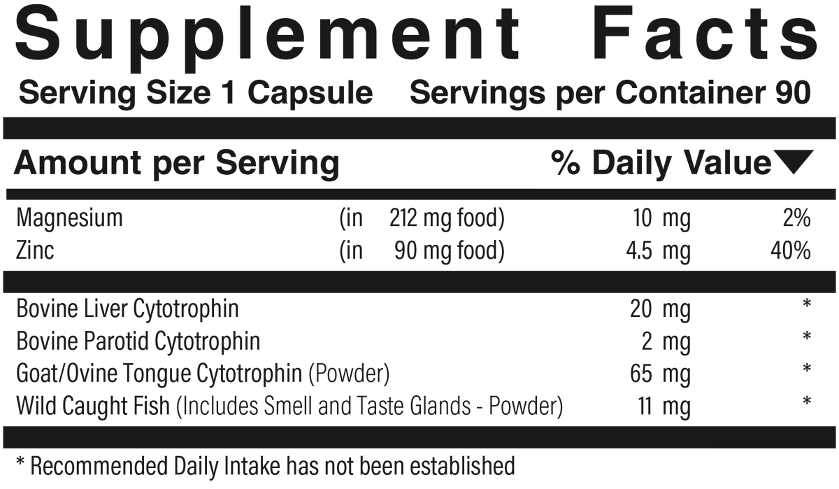 Supplement facts panel for Complete Smell & Taste