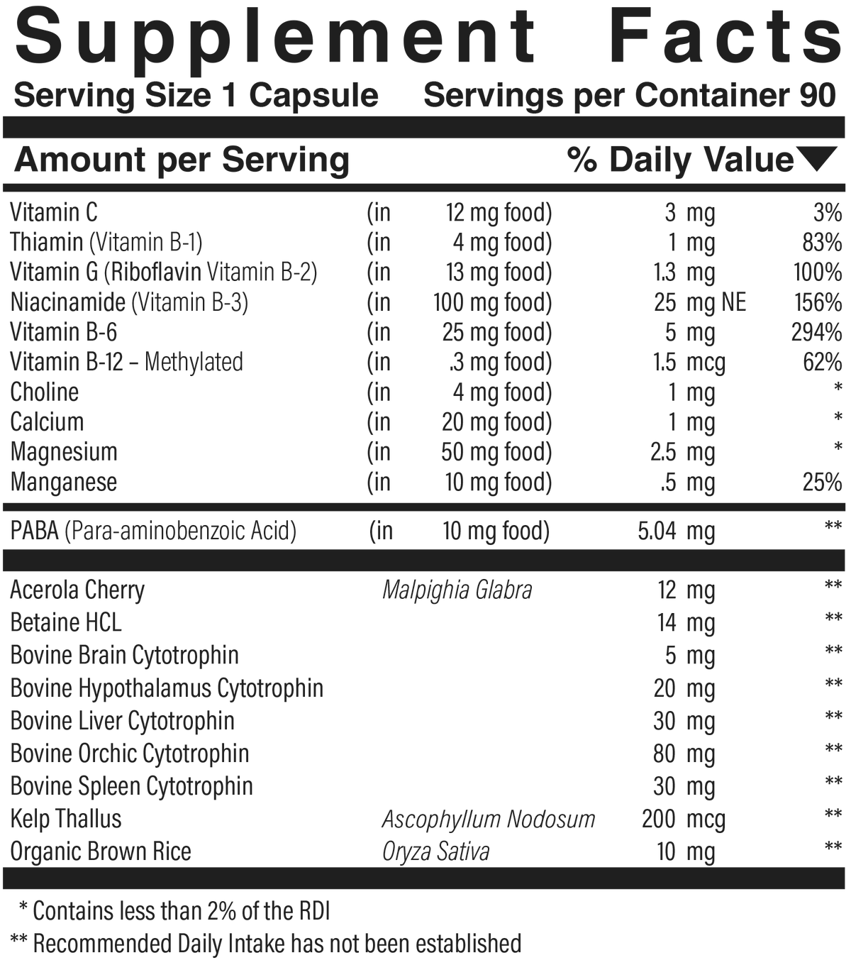 Supplement facts panel for Nerve Chex B