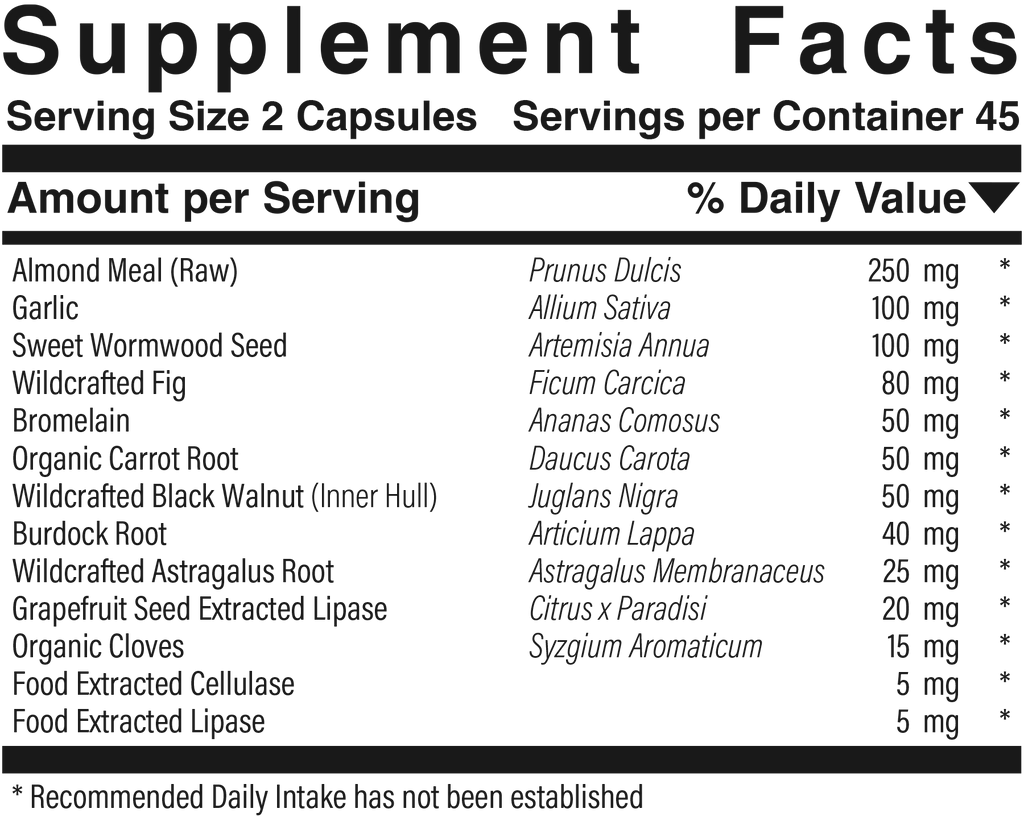 Supplement facts panel for Para-Dysbio-Zyme
