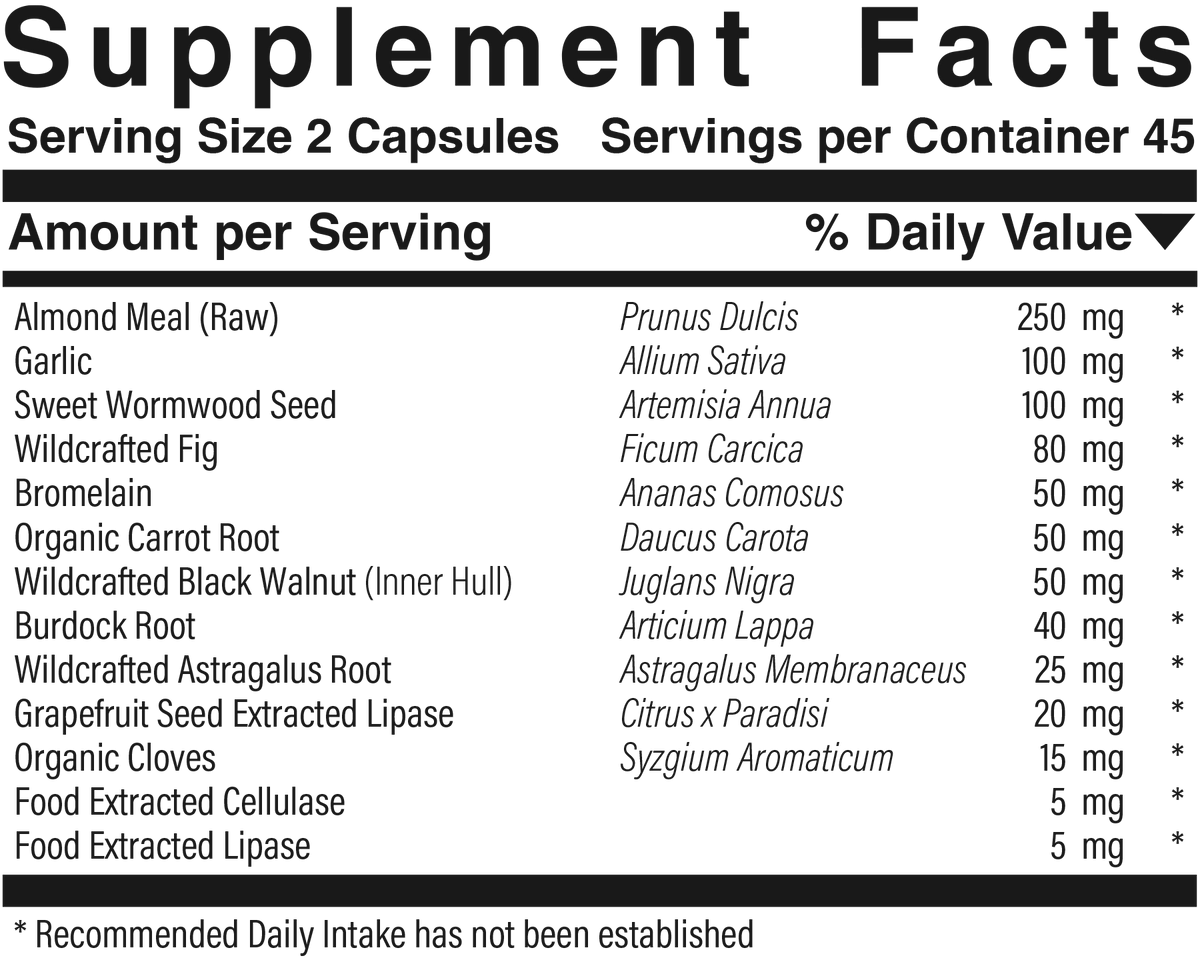 Supplement facts panel for Para-Dysbio-Zyme