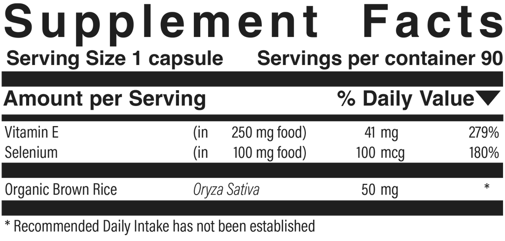 Supplement facts panel for Selenium E
