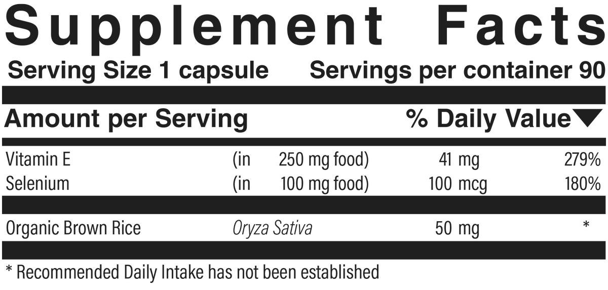 Supplement facts panel for Selenium E