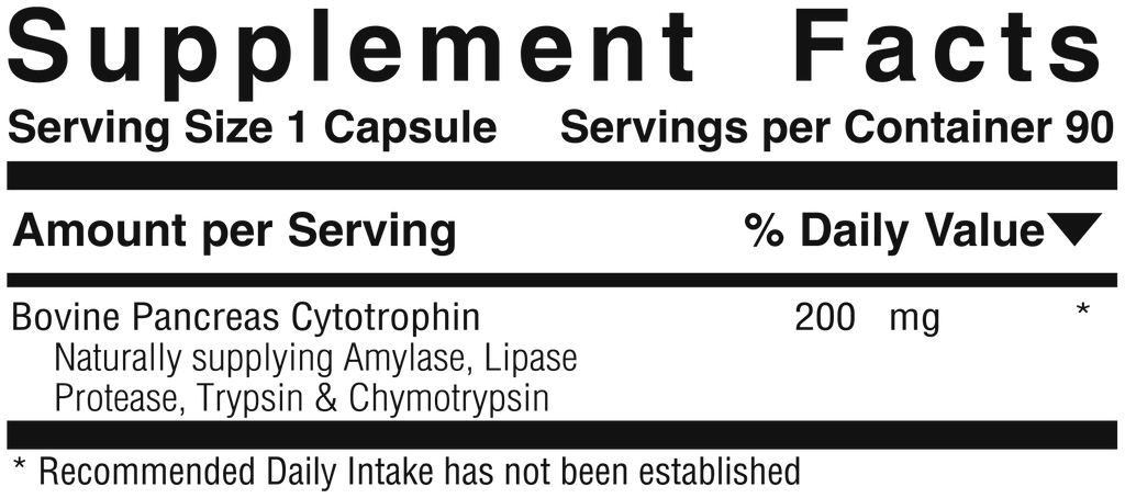 Supplement facts panel for Simply Pancreas