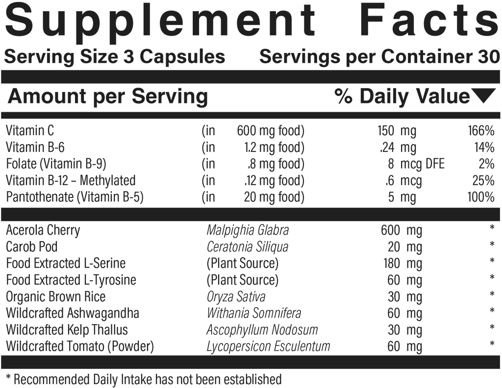 Supplement facts panel for Vegetarian Adrenal