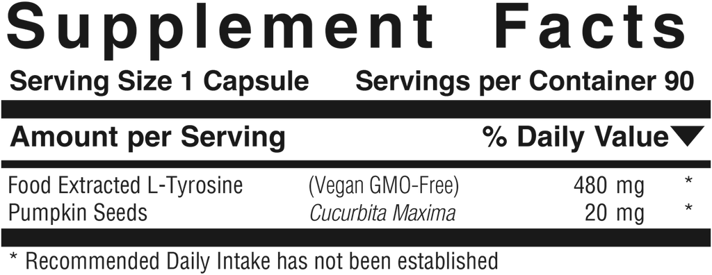 Supplement facts panel for Vegetarian Tyrosine