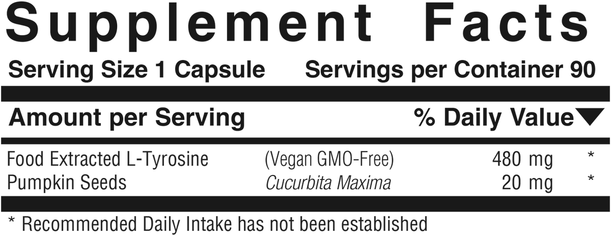 Supplement facts panel for Vegetarian Tyrosine