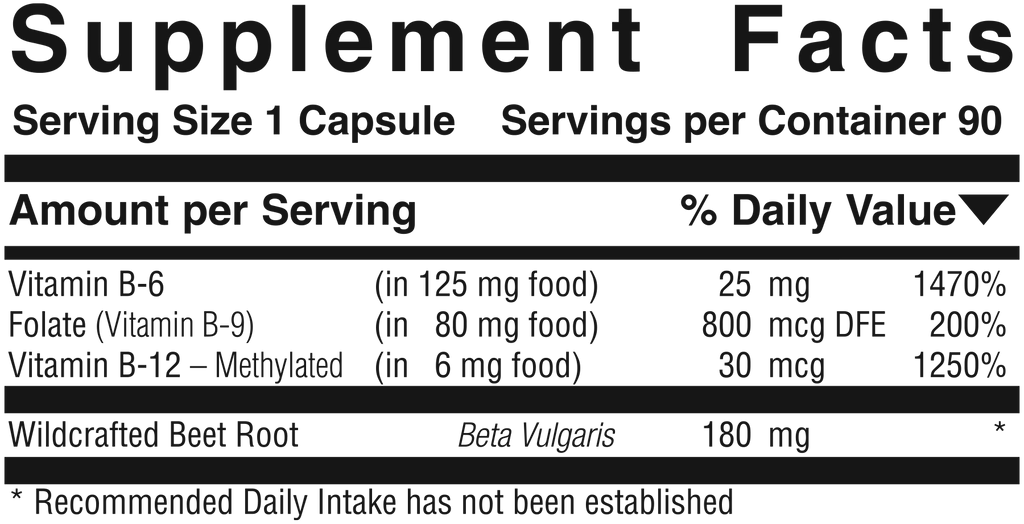 Supplement facts panel for Vitamin B6 B12 & Folate