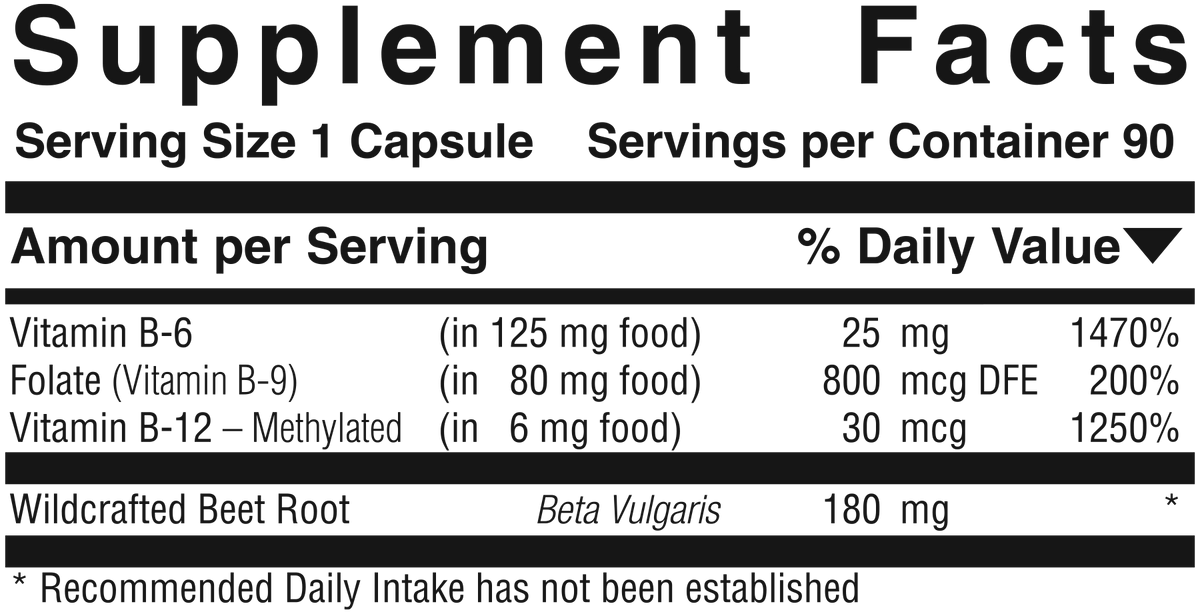Supplement facts panel for Vitamin B6 B12 & Folate